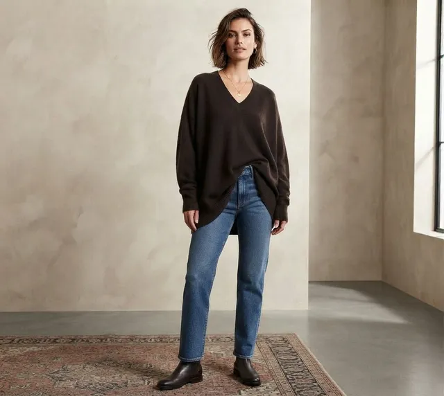 Moda International V-Neck Sweater Size M Brown Cotton Cashmere