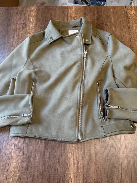 Primark Faux Suede Biker Jacket Size S Olive Green