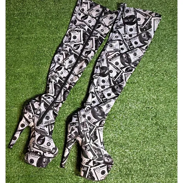 Pleaser Adore-3000DP Money Print Thigh-High Platform Boots