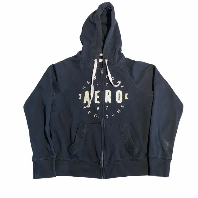 Aeropostale Full Zip Hoodie Size L Black Graphic Logo Sweatshirt