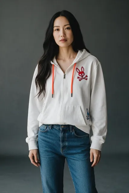 Psycho Bunny Full Zip Hoodie Size M White Multicolor Skull