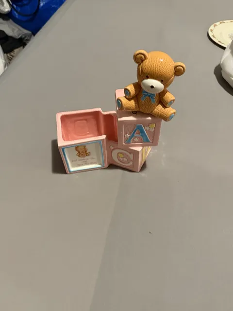 Vintage Japan 1985 Teddy Bear Ceramic Nursery Decor Blue Planter