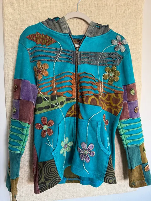 Rising International Patchwork Floral Zip Hoodie Size L Blue