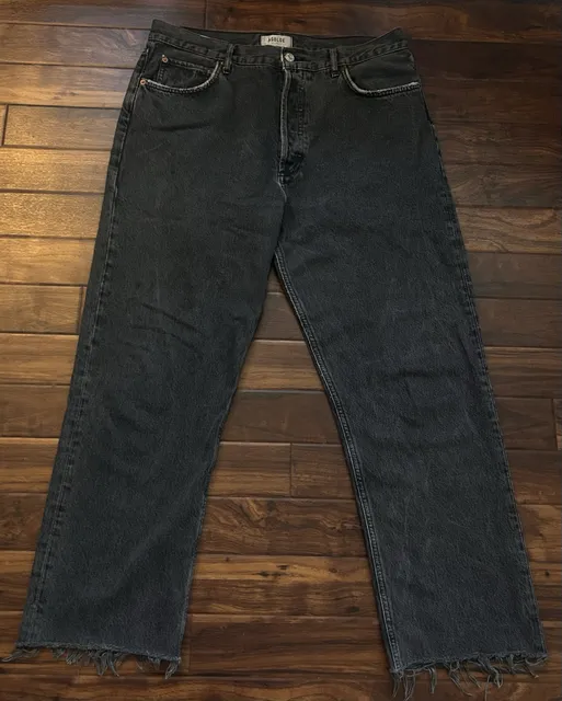 AGOLDE 90s Pinch Waist High Rise Straight Leg Jeans Charcoal Gray Frayed Hem EUC