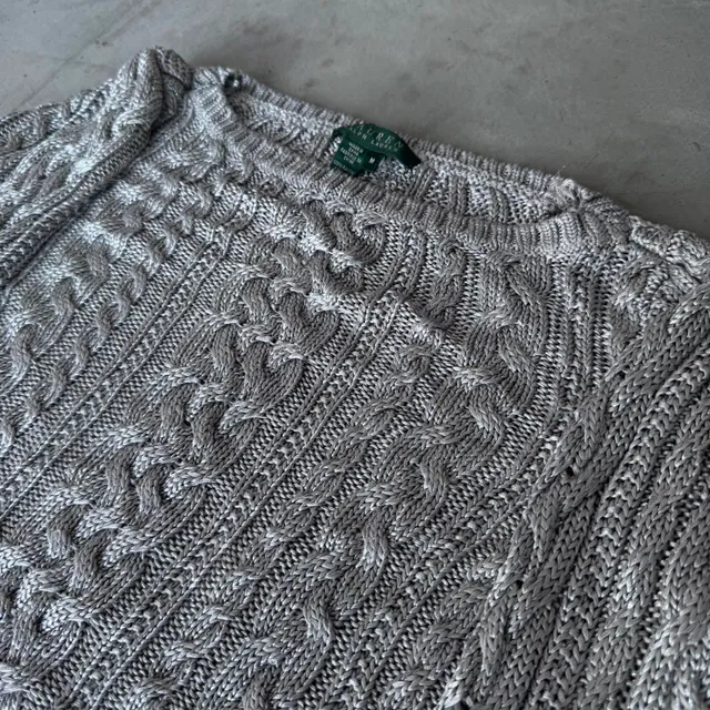 Lauren Ralph Lauren Cable Knit Sweater M Grey Rayon Scoop Neck
