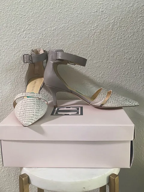Ivanka Trump Pointed Toe Heels Grey Snakeskin Ankle Strap