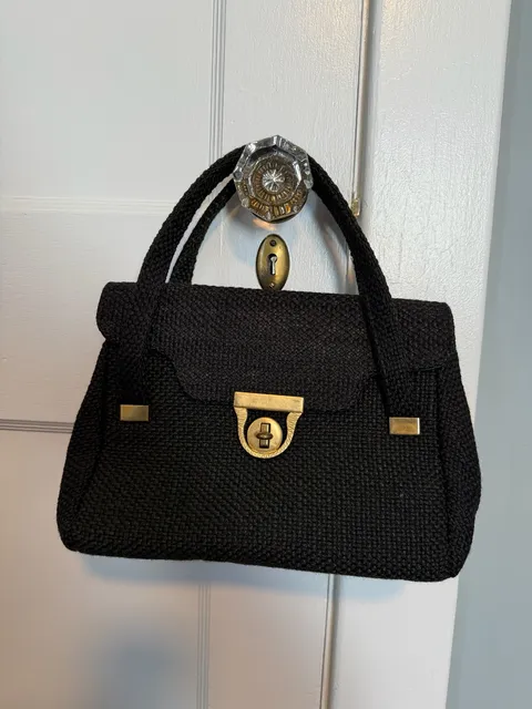 Vintage 1960s Black Woven Cord Gold Latch Handbag