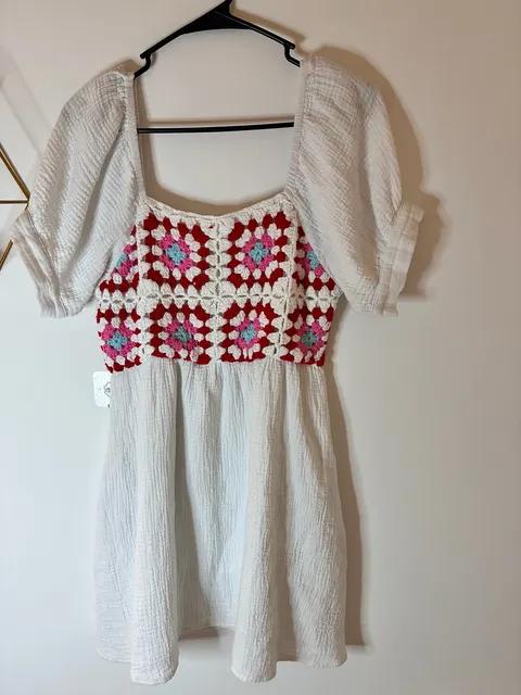 Jodifl Bluish Cream Crochet Granny Square Babydoll Mini Dress Size M