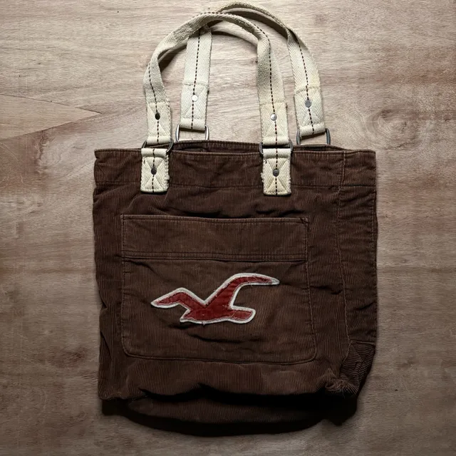 Hollister Vintage Y2K Brown Corduroy Tote Bag Distressed Logo Shoulder Bag