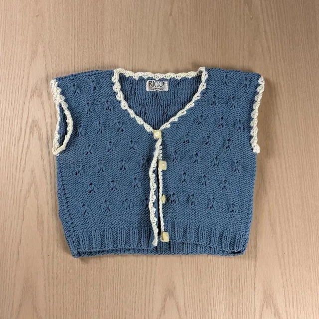Rico Crochet Knit Cardigan Vest Blue Cotton Scalloped Trim