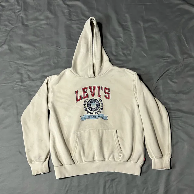 Levi's Fleece Hoodie Size L (10/12) Cream Logo Graphic Pullover