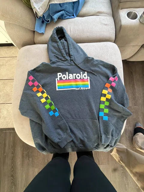 Gildan Polaroid Rainbow Graphic Hoodie Size XL Dark Gray