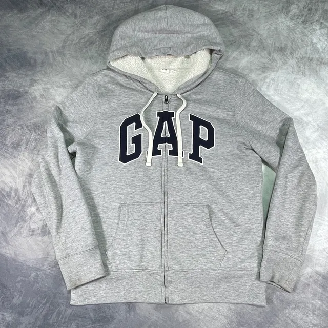 Gap Sherpa Lined Zip Up Hoodie Size M Gray Logo Sweatshirt