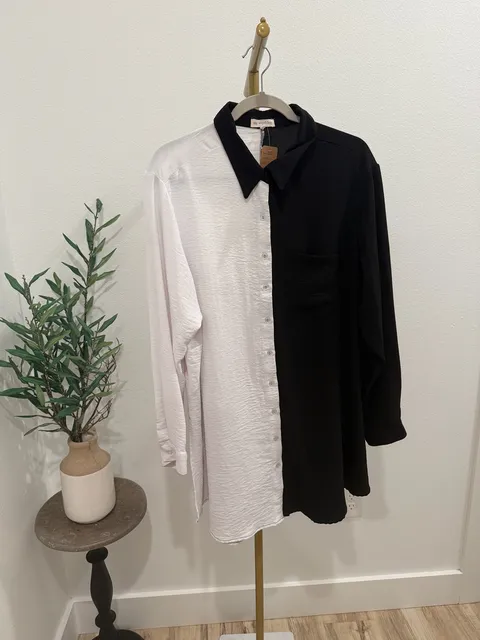 Say Anything Colorblock Button Down Shirt Size 3XL Black White Long Sleeve