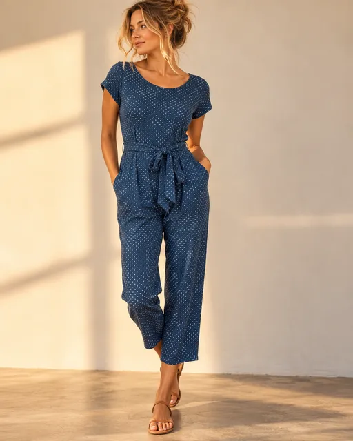 Boden Polka Dot Jumpsuit Size US 8P Blue Short Sleeve Tie Waist