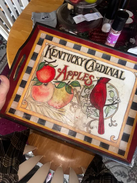Vintage country apple & red bird wooden tray