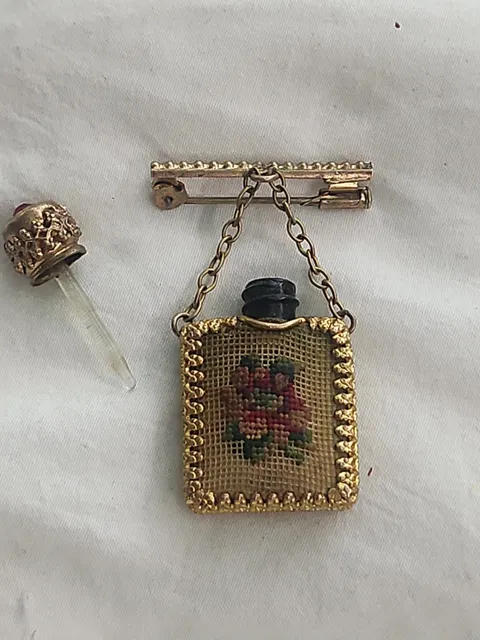 Vintage Petit Point Needlepoint Perfume Bottle Brooch Floral Tapestry