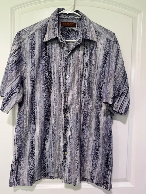 Paisley Print Hawaiian Aloha Shirt Gray Purple Coastal Resort Men's Size M