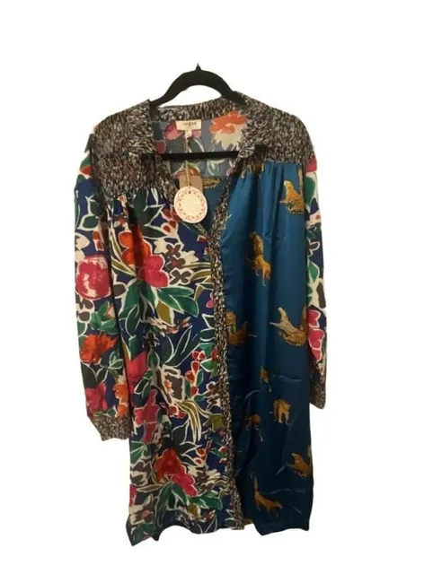 Umgee Women's Mixed Floral and Animal Print Long Sleeve Button Down Shirt Dress