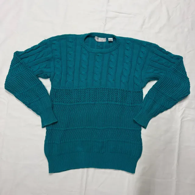 Henry Grethel Design Cable Knit Sweater Size M Teal Cotton