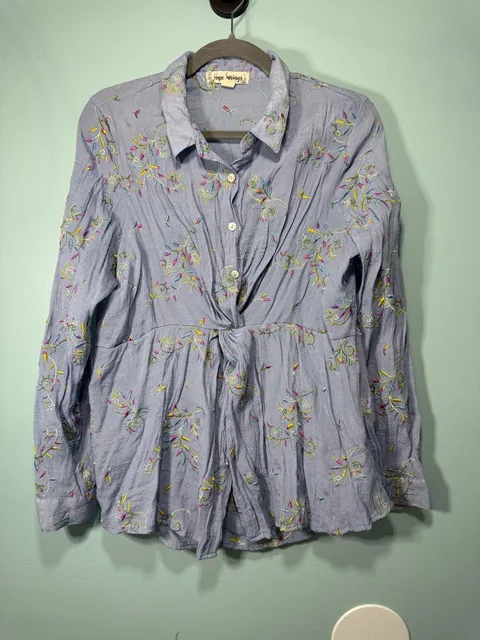 Hope Springs Embroidered Shirt Size L Blue Long Sleeve Button Up Top