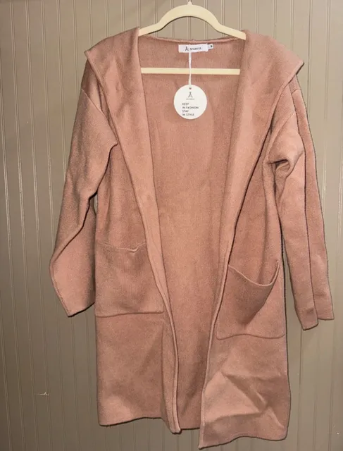 Anrabess Hooded Cardigan Size M Pink Open Front Pocket Sweater