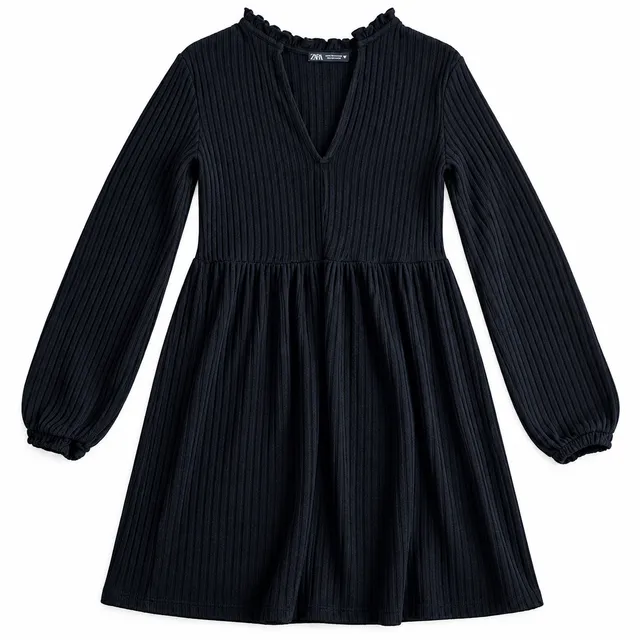 Zara Ribbed Knit Mini Dress Size S Black Ruffle V Neck Long Sleeve Babydoll