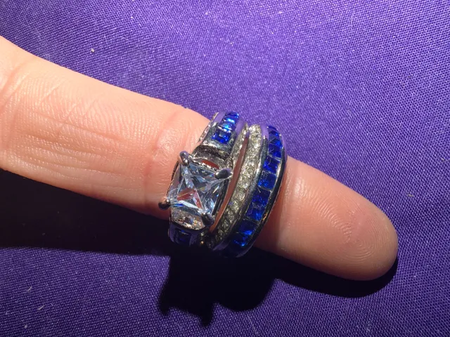 Princess Cut stamped 925 Sterling Silver Ring Set Royal Blue Size 7