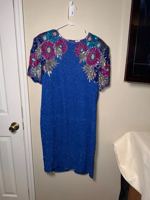 Stenay Beaded Silk Cocktail Dress Size 16 Blue Floral Sequin