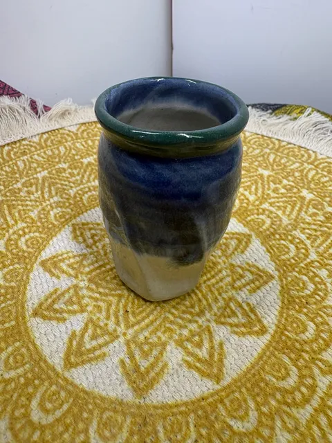 3” mini Studio Pottery Handmade Ceramic Blue Green Glaze Faceted Vase Signed