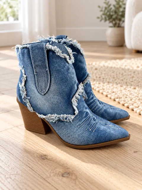 HGUIGJ Denim Western Ankle Boots Blue Frayed Pointed Toe Block Heel EU 39