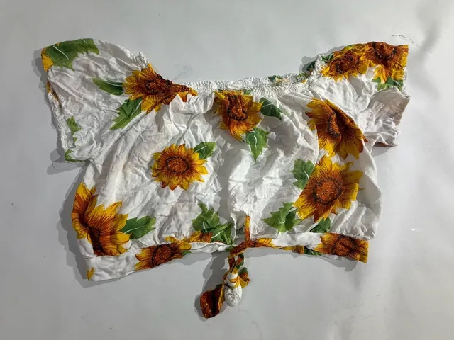 Sunflower Floral Print Off Shoulder Smocked Crop Top L/XL Silk Blend