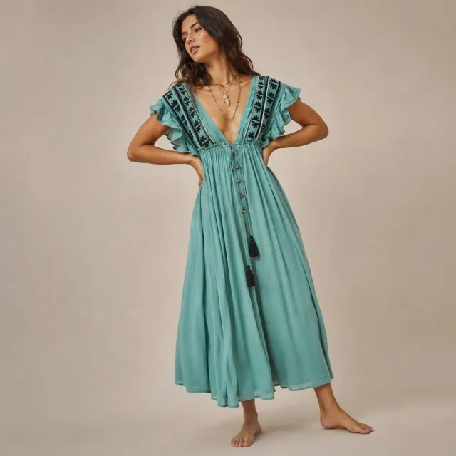 Free People Beach Comber Dress Emerald Green Embroidered Midi Boho