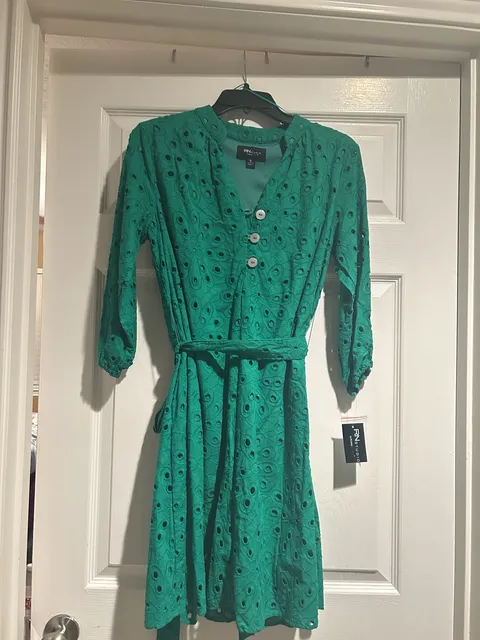 RN Studio by Ronni Nicole Dress Size S Green Eyelet Belted 3/4 Sleeve
