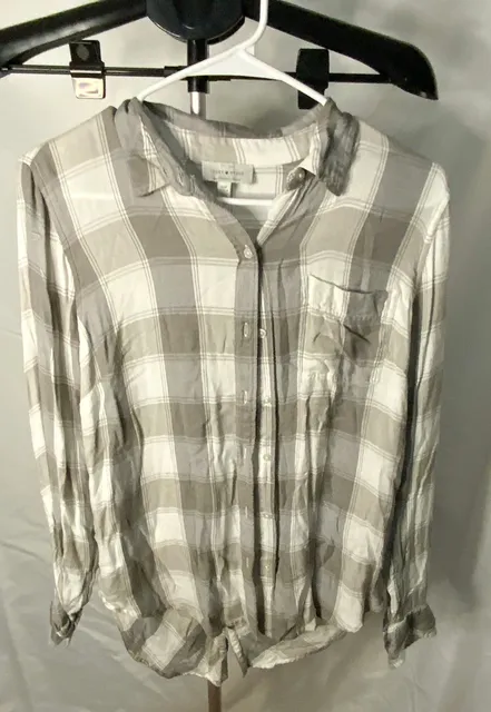 Lucky Brand Plaid Button Down Shirt Women Dress Size S Grey White
