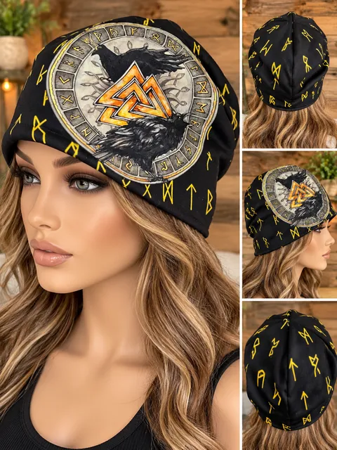 Viking Valknut Raven Beanie Norse Mythology Print Slouch Cap