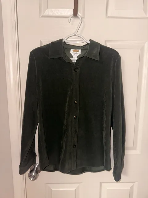 Talbots Button Down Shirt Size 6 Green Suede Stretch Long Sleeve