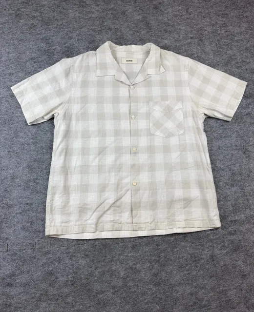 Buck Mason Short Sleeve Camp Shirt Size Large Beige Plaid Linen Cotton