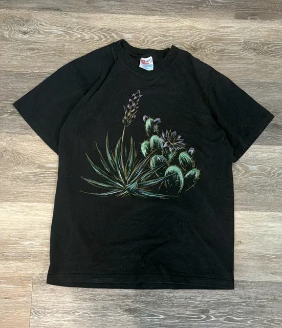 Vintage Single Stitch Hanes Desert Cactus T-Shirt Size Medium Black Graphic Tee 