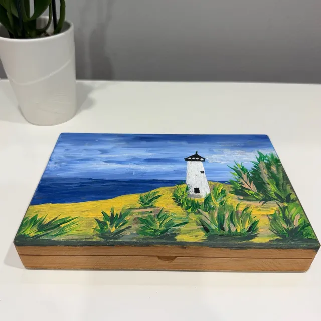 Hand Painted Wooden Lighthouse Coastal Trinket Box