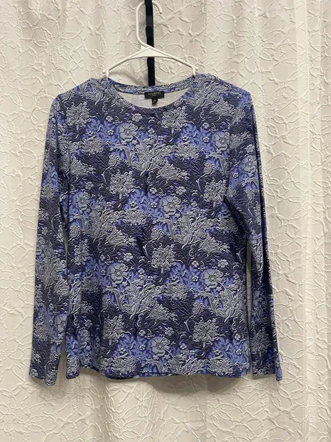 Talbots Petites Blue Purple Baroque Floral Print Crewneck Long Sleeve Top MP