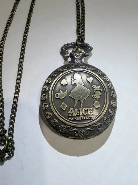 Alice in Wonderland Bronze Quartz Pocket Watch Necklace Chain