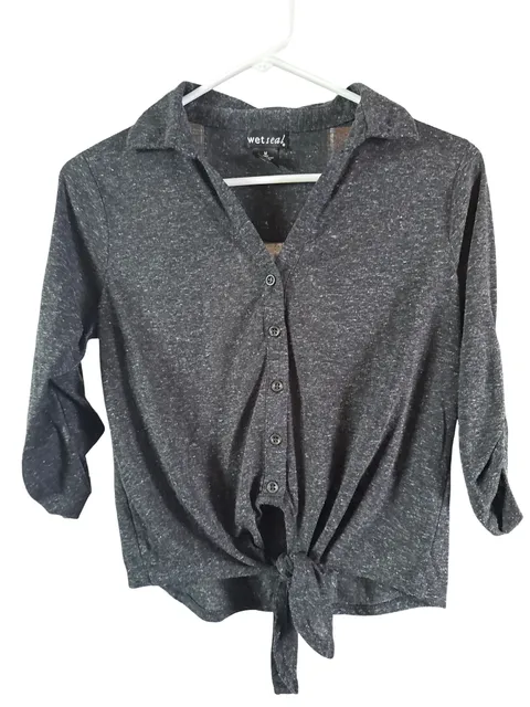 Wet Seal Button-Down Shirt Size M Gray Lace Skull Back Tie Front