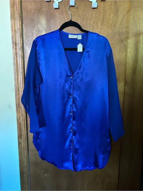 Vintage Gold Label Victorias Secret Royal Blue Satin Button-Front Sleep Top