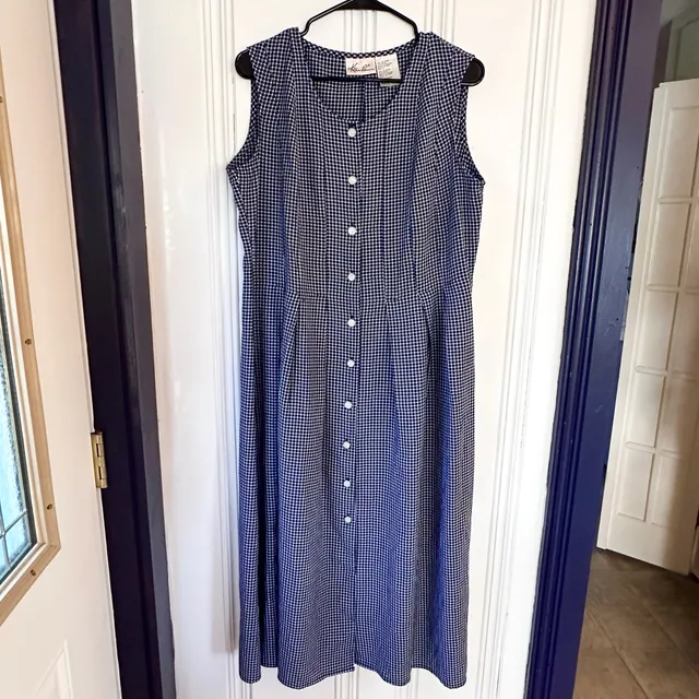 Vintage Kathie Lee Sleeveless Gingham Midi Dress, Size 10 Blue & White