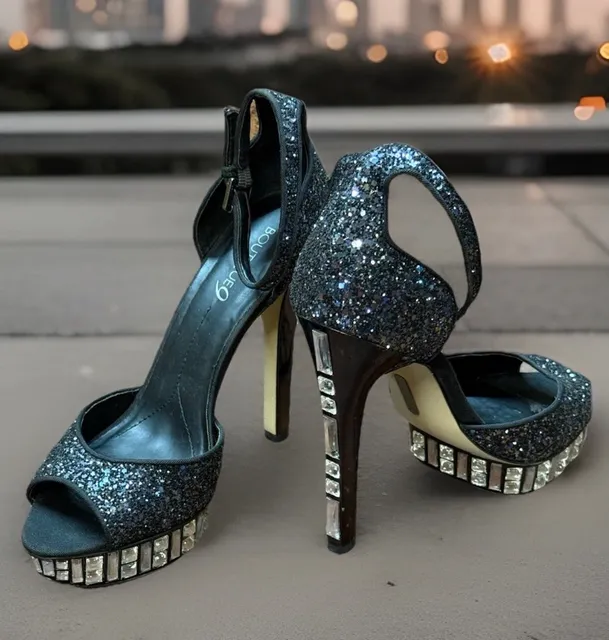 Boutique 9 Black Glitter Platform Stilettos Size 8.5 Rhinestone Heels