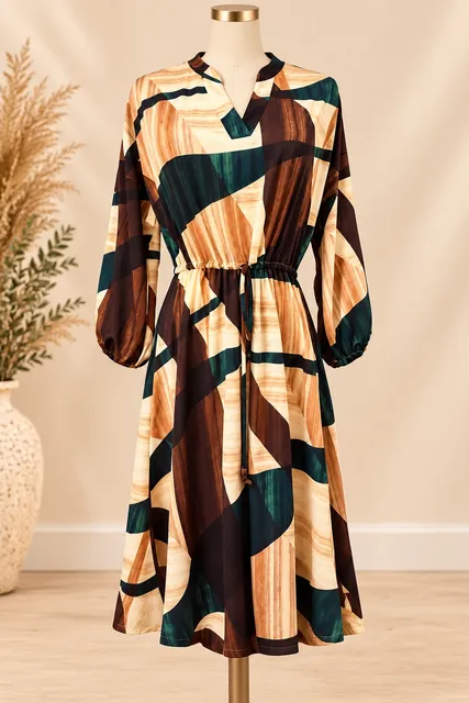 Lildy Printed Drawstring Waist Dress Size S-M Geometric Midi
