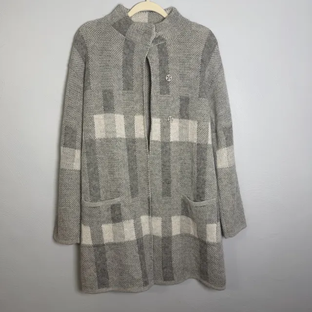 Dolce Stella Long Cardigan Sweater Size L Gray Plaid Wool Blend
