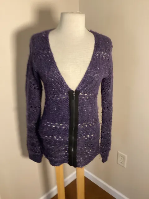 Tory Burch Cardigan Size S Purple Metallic Full Zip Open Knit