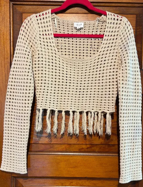 Le Lis Collection Crocheted Fringe Sweater Size S Beige